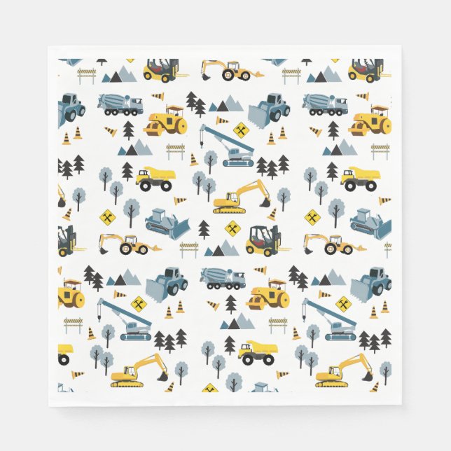 Blue Construction Trucks & Site Theme Pattern Napkins (Front)