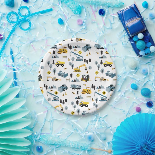 Blue Construction Trucks & Site Theme Pattern Paper Plates (Party)