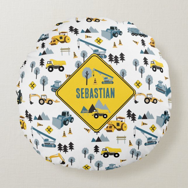 Blue Construction Trucks & Site Theme Pattern Round Pillow (Front)