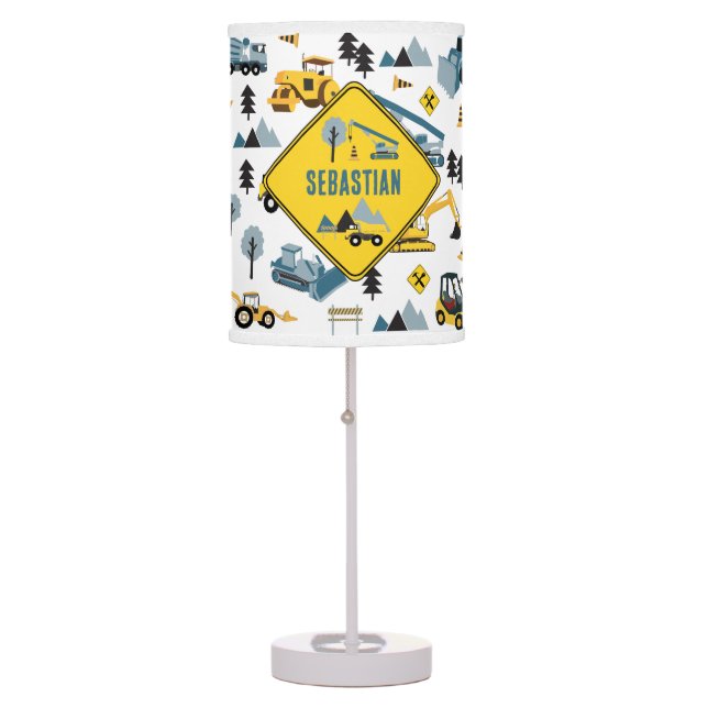 Blue Construction Trucks & Site Theme Pattern  Table Lamp (Front)