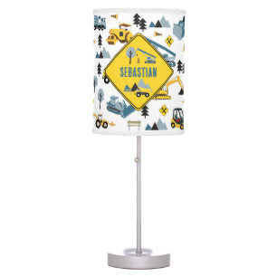 Blue Construction Trucks & Site Theme Pattern Table Lamp