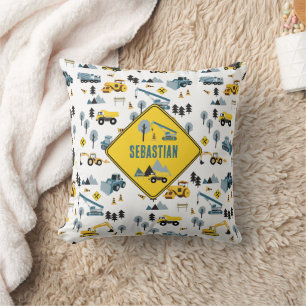 Blue Construction Trucks & Site Theme Pattern Throw Pillow