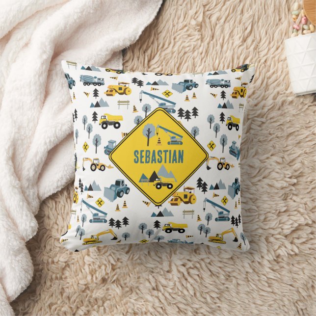 Blue Construction Trucks & Site Theme Pattern Throw Pillow (Blanket)