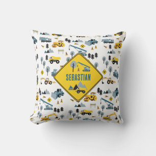 Blue Construction Trucks & Site Theme Pattern Throw Pillow