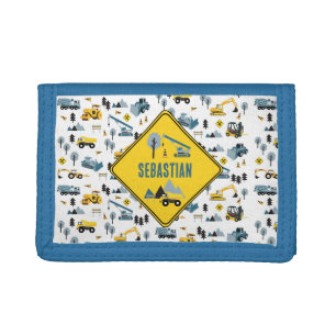 Blue Construction Trucks & Site Theme Pattern Trifold Wallet
