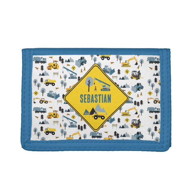 Blue Construction Trucks & Site Theme Pattern Trifold Wallet (Front)