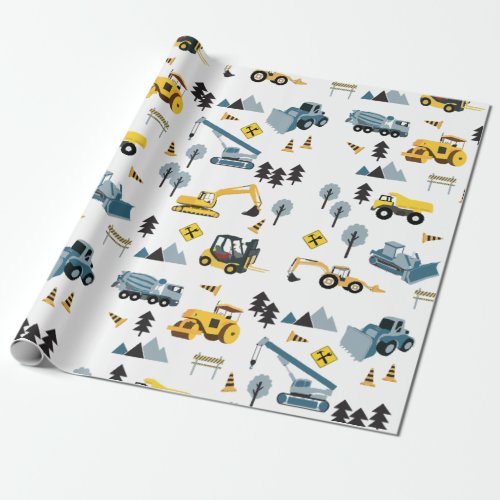 Blue Construction Trucks  Site Theme Pattern  Wrapping Paper