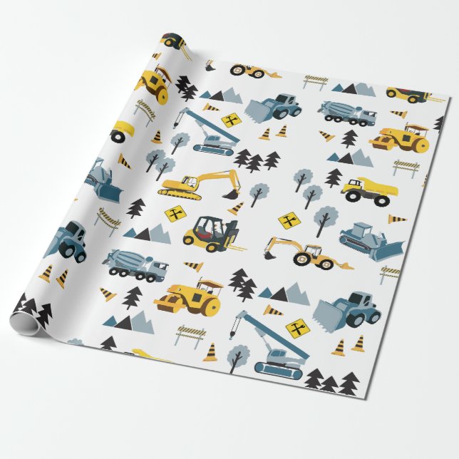 Blue Construction Trucks & Site Theme Pattern  Wrapping Paper (Unrolled)