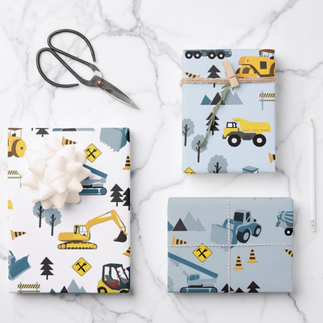 Blue Construction Trucks & Site Theme Pattern  Wrapping Paper Sheets (Front)