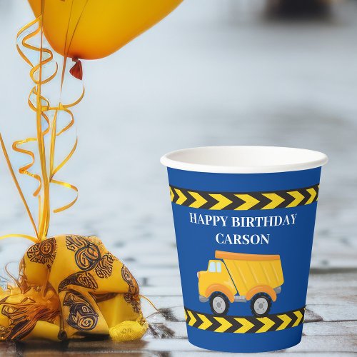 Blue Construction Vehicle Custom Birthday Party Paper Cups