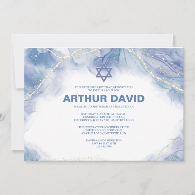 Blue Contemporary Bar Mitzvah  Invitation (Front)