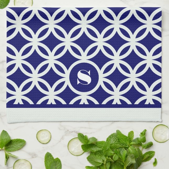 Blue Contemporary Geometric Pattern Monogram  Kitchen Towel (Folded)
