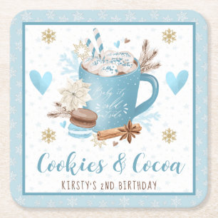 Blue Cookies and Cocoa 2nd Birthday Square Paper Coaster