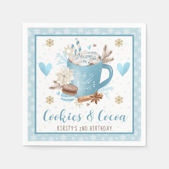 Blue Cookies & Cocoa 2nd Birthday Party Napkins (Front)