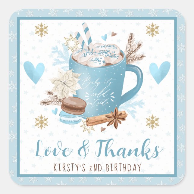 Blue Cookies & Cocoa Birthday Party Favor Square Sticker (Front)