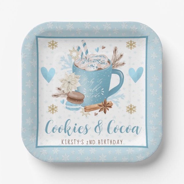 Blue Cookies & Cocoa Birthday Party Paper Plates (Front)