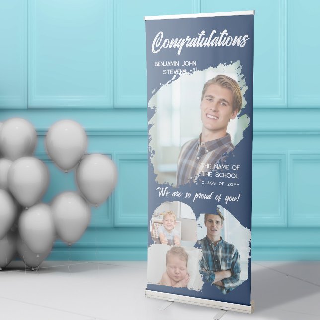 Blue Cool Brush Stroke Photos Graduation Congrats Retractable Banner (Creator Uploaded)
