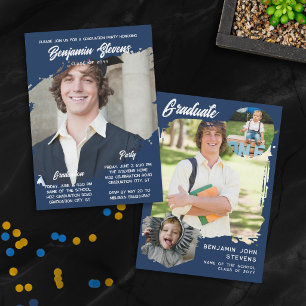 Blue Cool Brush Stroke Photos Graduation Party Invitation