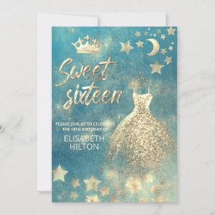 Blue cool celestial moon and stars sweet sixteen invitation