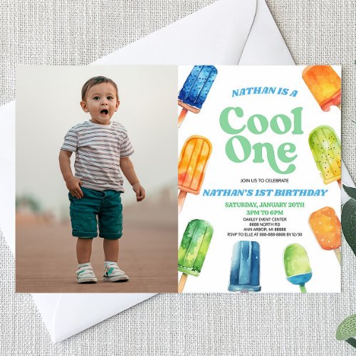 Blue Cool One Popsicle Picture 1st Birthday Party Invitation