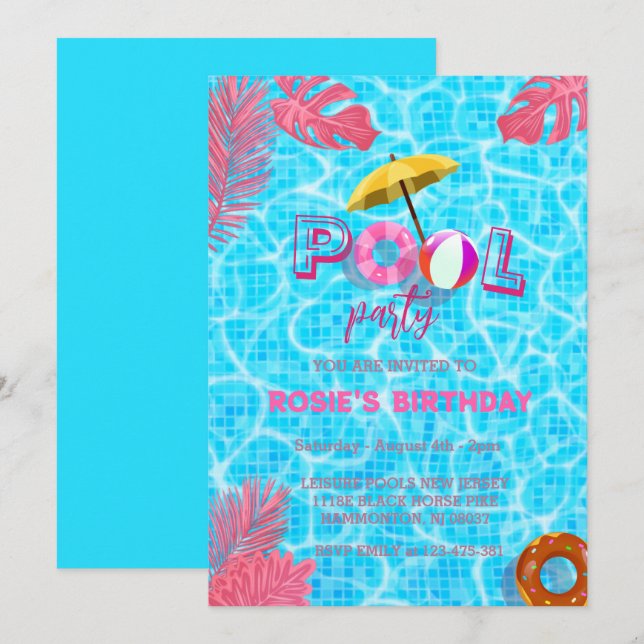  Blue Cool Pool Party & summer Swimming Birthday Invitation (Front/Back)