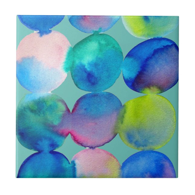Blue cool watercolor abstract art ceramic tile (Front)