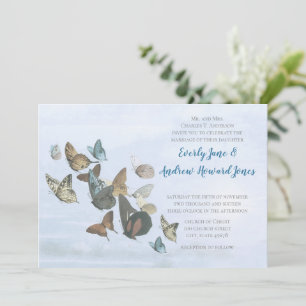 Blue Copper Gold Butterfly Wedding Invitation