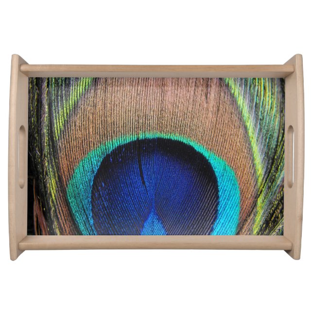 Blue Copper Peacock Feather Close-Up Serving Tray (Front)