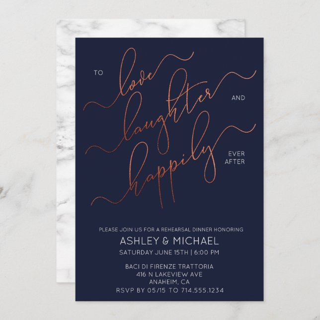 Blue Copper Script Marble Rehearsal Dinner Invite (Front/Back)