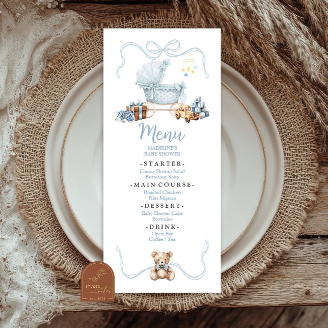 Blue Coquette Baby Carriage Baby Shower Flat Menu (Creator Uploaded)
