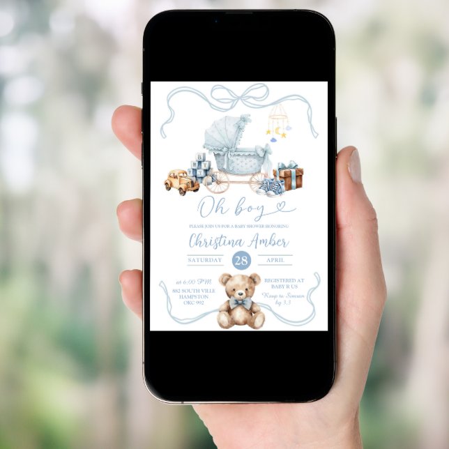 Blue Coquette Baby Carriage Boy Baby Shower Invitation (Front Digital)