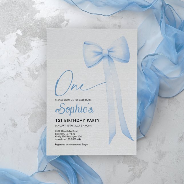 Blue Coquette Bow 1st Birthday Invitation (Creator Uploaded)