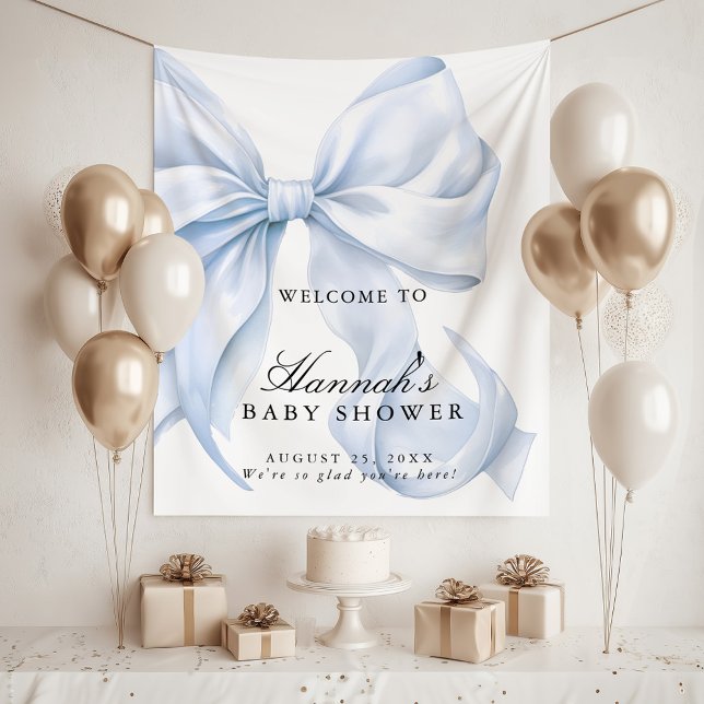 Blue Coquette Bow Boy Baby Shower Welcome Sign Tapestry (Creator Uploaded)