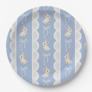 Blue Coquette Bow Bunny Lace Pattern Paper Plate