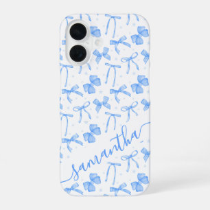 Blue Coquette Bow Custom Name iPhone 16 Case
