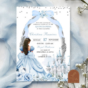 Blue Coquette Bow Fairytale Castle Quinceanera Invitation