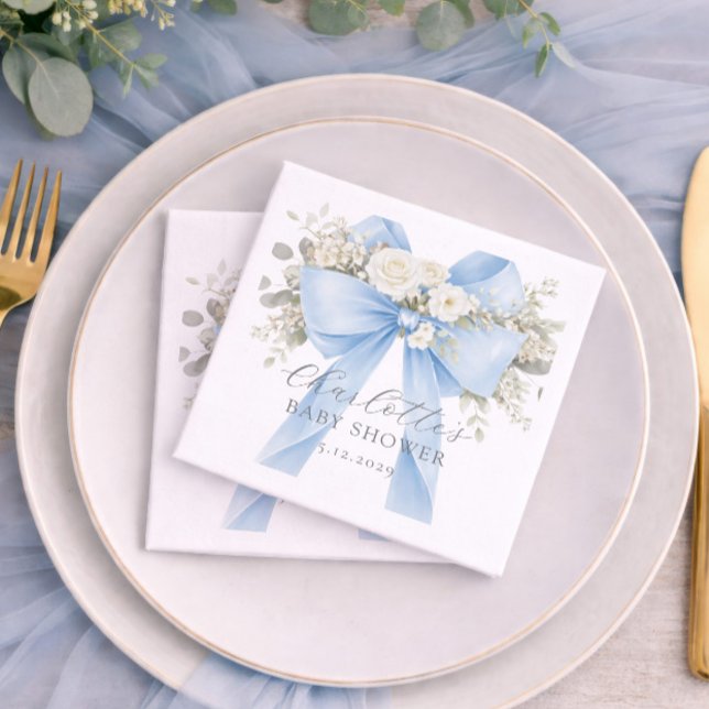 Blue Coquette Bow Floral Baby Boy Shower Napkins (Creator Uploaded)
