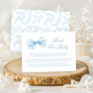 Blue Coquette Bow Frame Book For Baby Boy Shower Enclosure Card