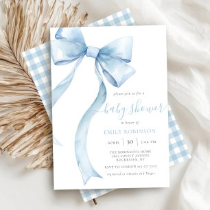 Blue Coquette Bow Gingham Boy Baby Shower Invitation