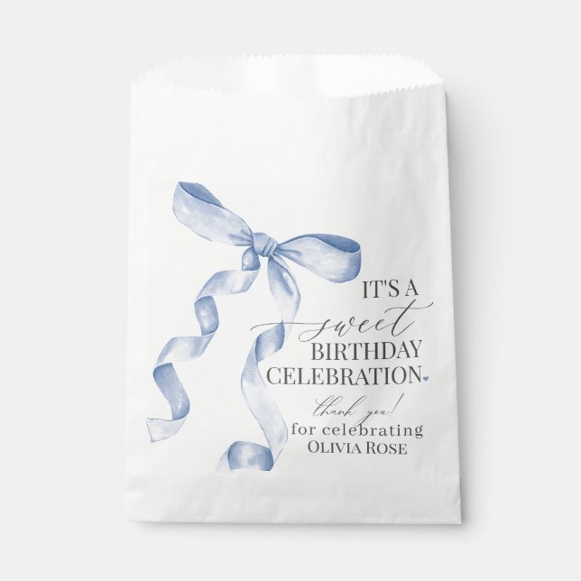 Blue Coquette Bow Girl Birthday Party Dessert  Favor Bag (Front)