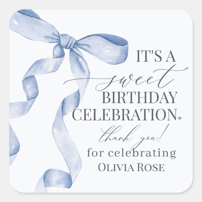 Blue Coquette Bow Girl Birthday Party Favor Square Sticker (Front)