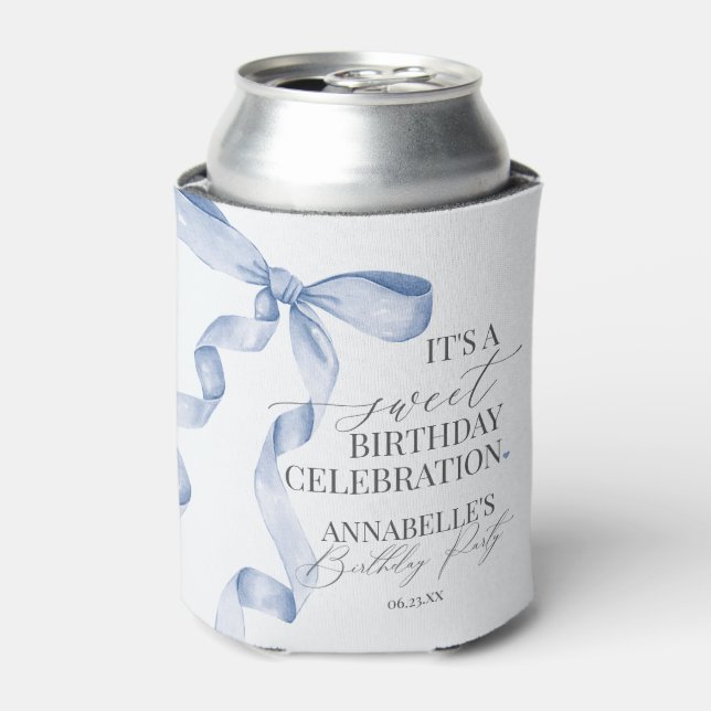 Blue Coquette Bow Girl Birthday Party Favors Can Cooler (Can Front)