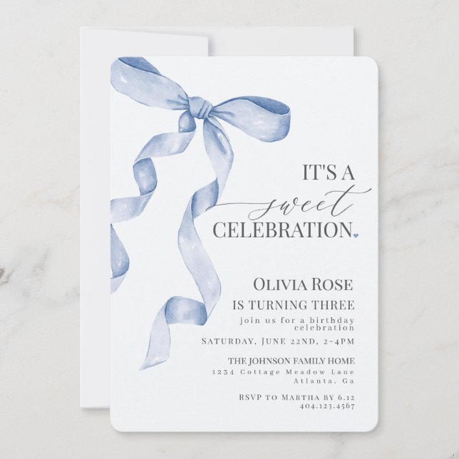 Blue Coquette Bow Girl Birthday Party Invitation (Front)