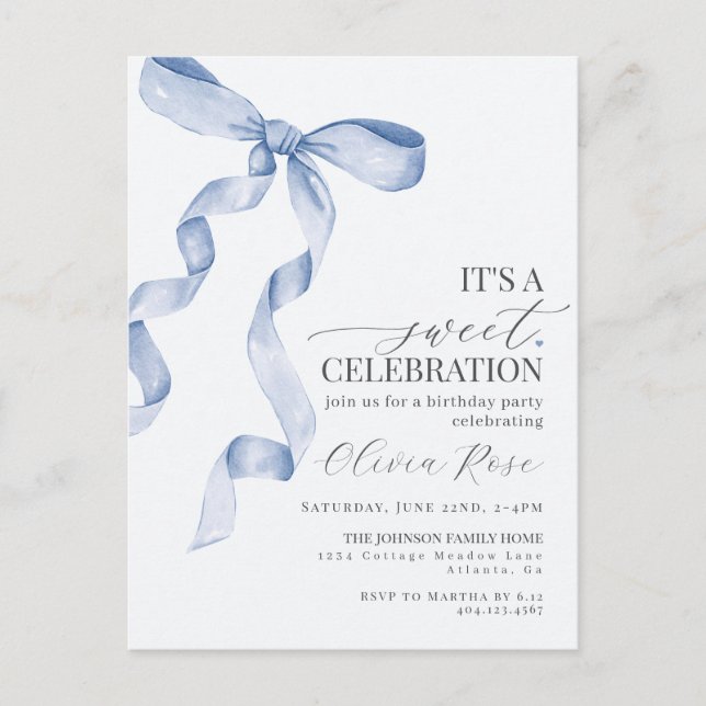 Blue Coquette Bow Girl Birthday Party Invitation Postcard (Front)