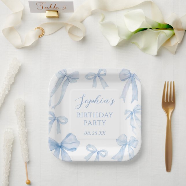 Blue Coquette Bow Girl Birthday Party Paper Plates (Wedding)