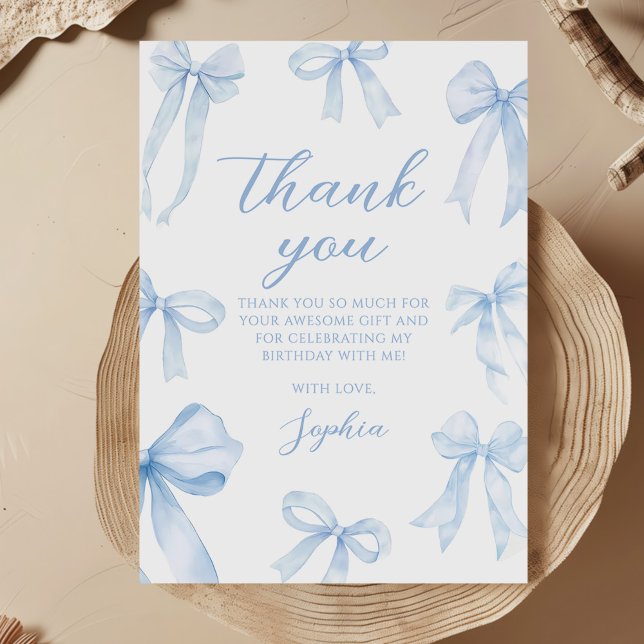 Blue Coquette Bow Girl Birthday Party Thank You Card (Creator Uploaded)