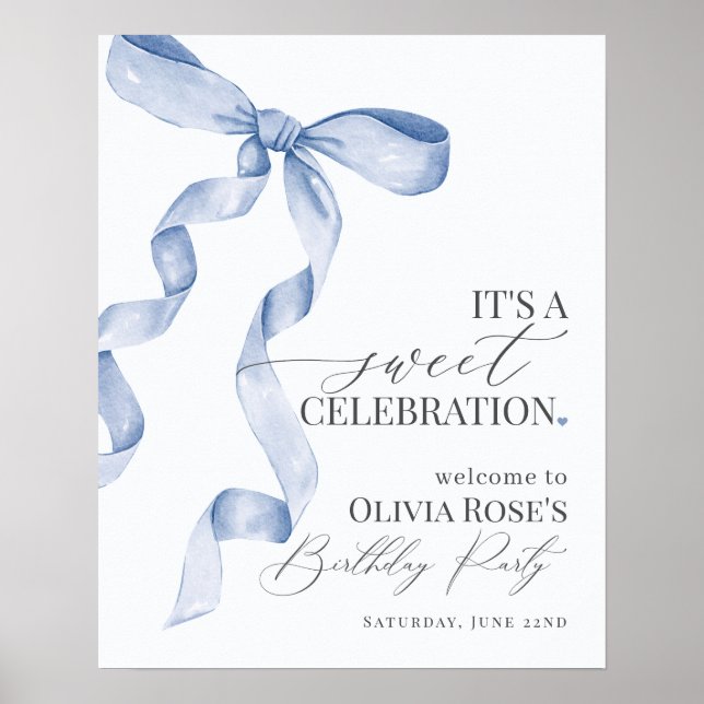 Blue Coquette Bow Girl Birthday Party Welcome Sign (Front)