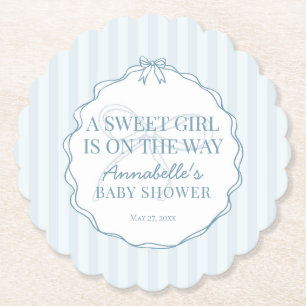 Blue Coquette Bow Pastel Baby Shower  Paper Coaster
