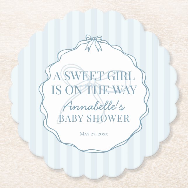 Blue Coquette Bow Pastel Baby Shower  Paper Coaster (Front)
