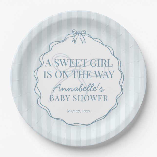 Blue Coquette Bow Pastel Baby Shower Table Decor Paper Plates (Front)